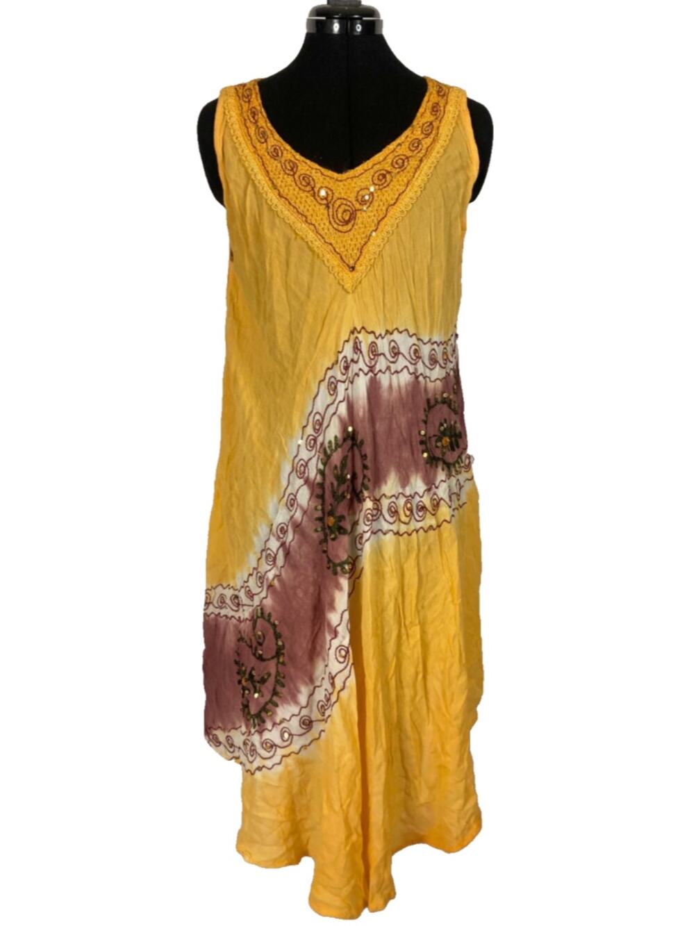 Free Size Rebel Love Tie Dye Yellow Brown Dress swirls neckline sleeveless